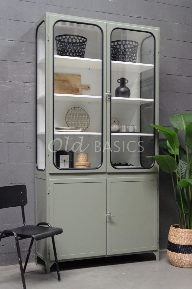 Apothekerskast Retrique, 2 deuren, RAL7033, groen, grijs, materiaal staal